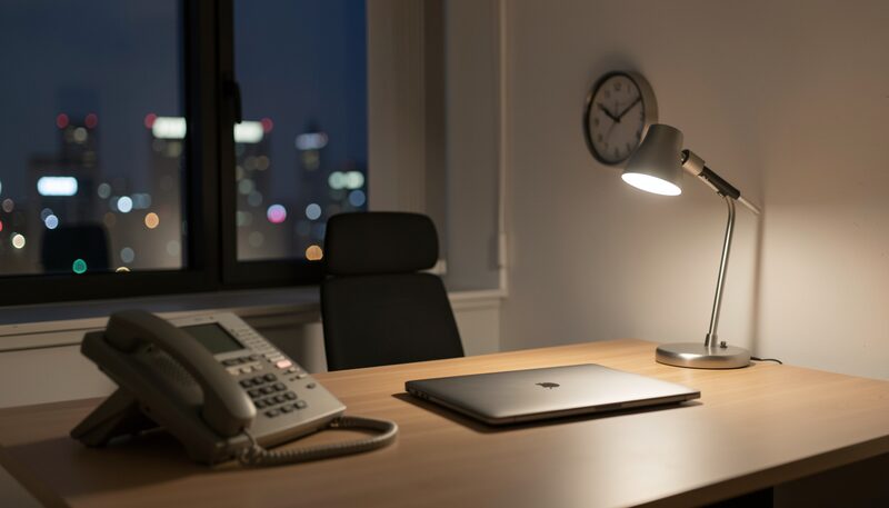 An office desk at night with the screens off: a landline telephone, a closed laptop, a wall clock and a single desk lamp, with a dark window and city lights behind the chair.
