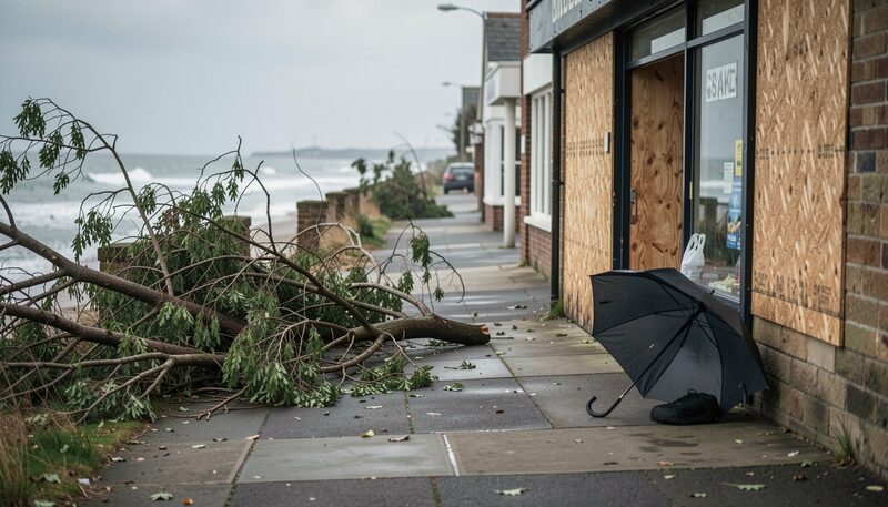 A coastal street after a storm, fallen branches across the pavement and a boarded shopfront, a reporter umbrella left against a wall and a flat grey sky over the rooftops, shot at eye level.