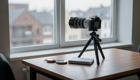 A verification desk in cold early light: a camera with a long lens on a tripod aimed at a window, a mechanical stopwatch and a notebook turned face down on the table beside it.